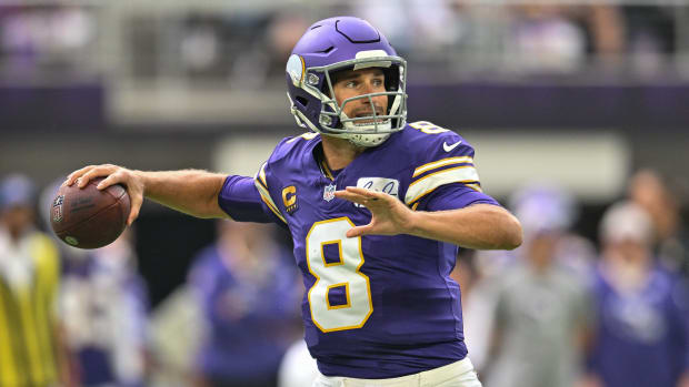 Sep 10, 2023; Minneapolis, Minnesota, USA; Minnesota Vikings quarterback Kirk Cousins (8) throws a pass against the Tampa Bay Buccaneers during the first quarter at U.S. Bank Stadium.